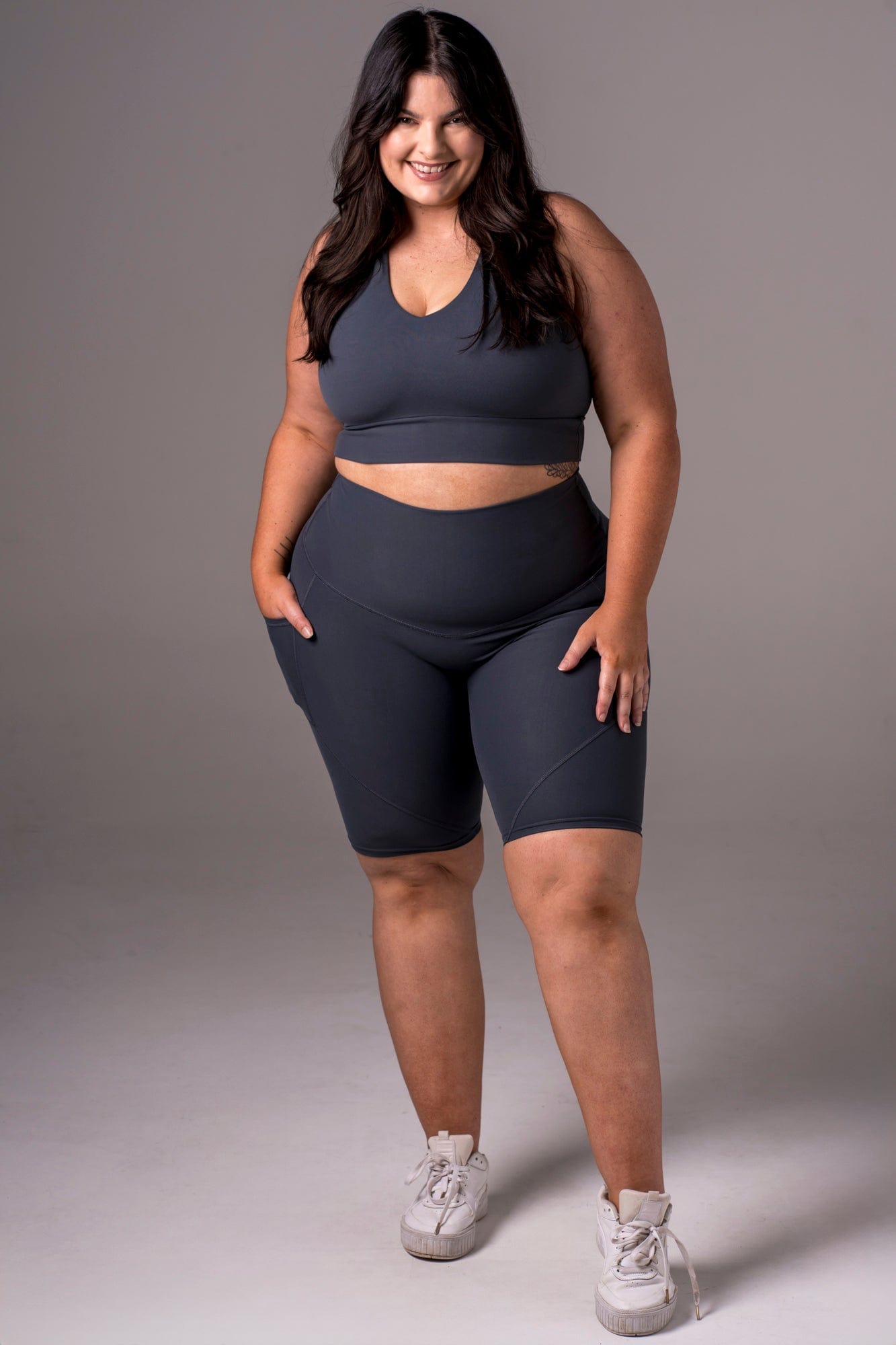 With Pockets Plus Size Long Biker Shorts Charcoal High Waisted