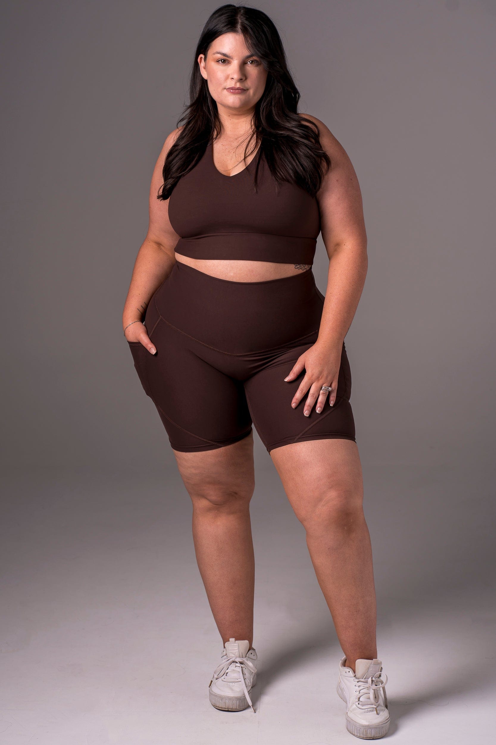 Espresso Dynamic High Waisted Pocket Shaper Booty Shorts