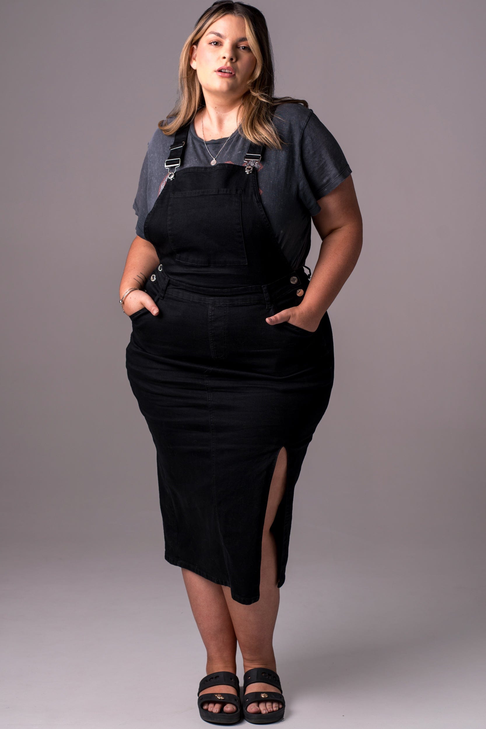 Black Denim Overall Dress - Midi