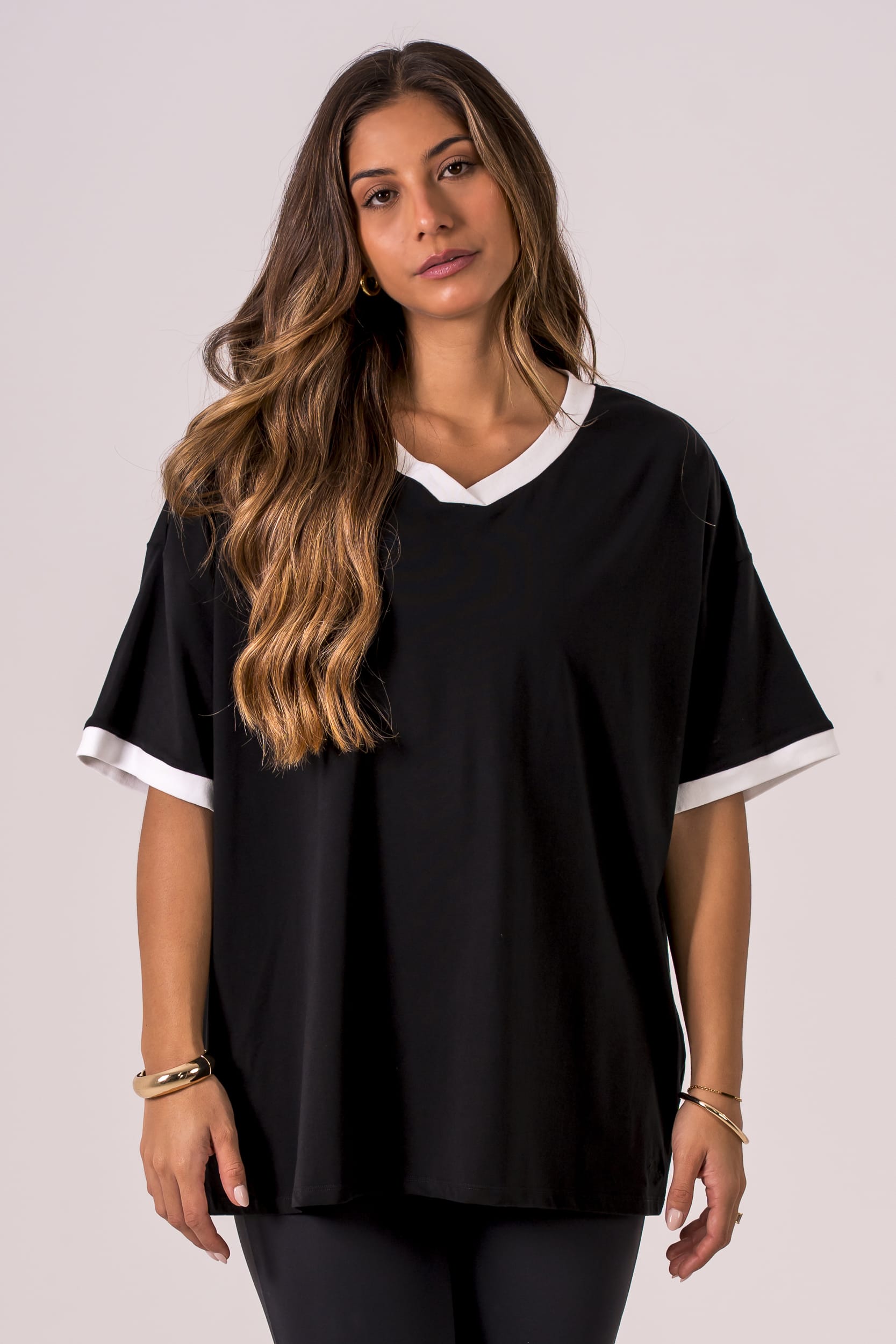 Black Duo V Neck Oversized T-Shirt