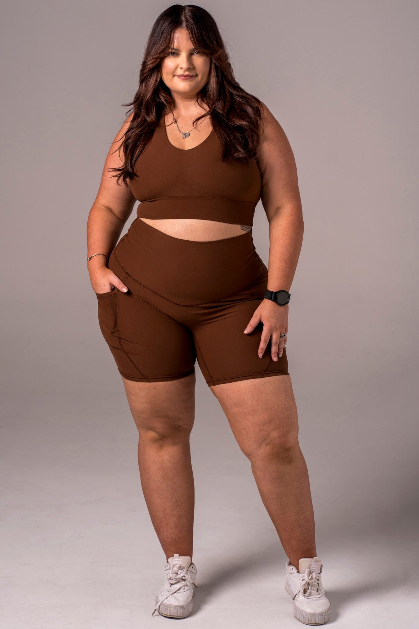 Chocolate Dynamic High Waisted Pocket Shaper Booty Shorts